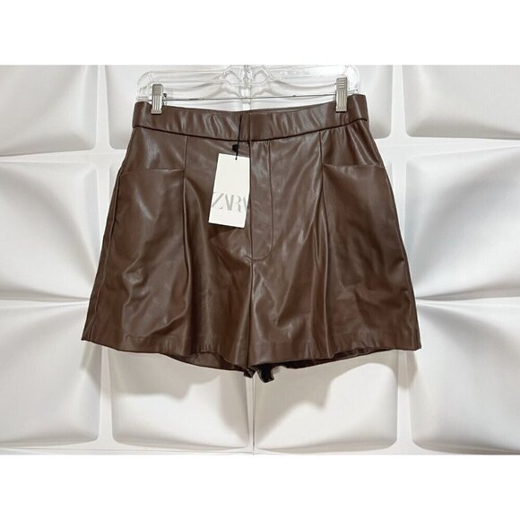 Zara Sz L Brown Faux Leather High Rise Shorts Vegan Stretch Pockets NWT NEW - Picture 2 of 16